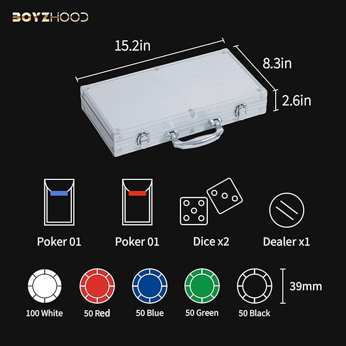 Boyzhood Poker Chips,300 Pcs Poker Set with Aluminum Travel Case,11.5 Gram Poker Chips Set for Texas Holdem Blackjack Gambling