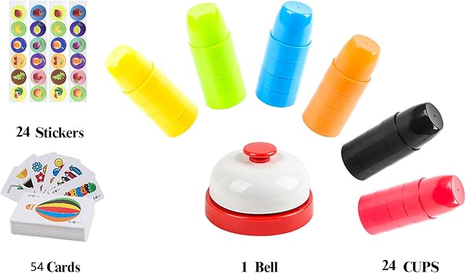 Quick Cups Games Set for Kids,Classic Speed Cups Games Set Parent-Child Interactive Game,24 Cups,24 Stickers,1 Bells,54 Challenges Cards