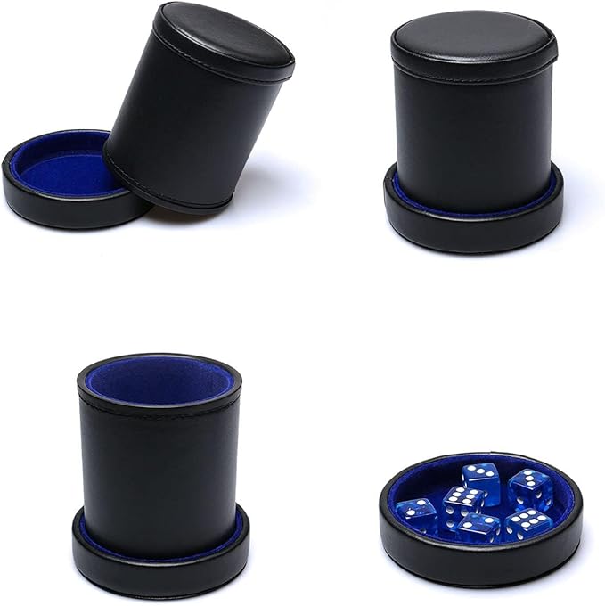 PU Leather Dice Cup with Lid, Blue Velvet Interior Quiet Dice Shaker Cup Including 6 BlueTranslucent Dice for Liars Dice/Farkle/Yahtzee Games, 1 Pack