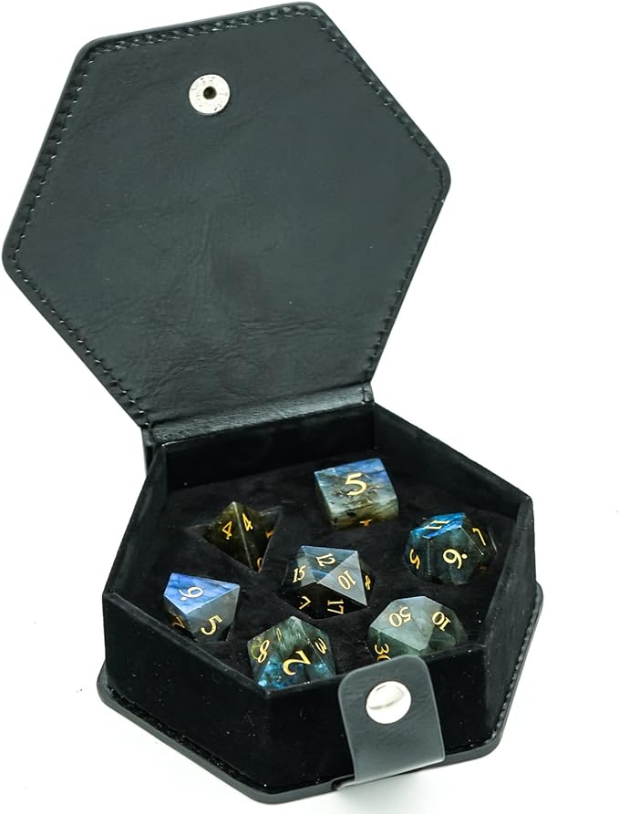 UDIXI Gemstone DND Dice Set, 7PCS Natural Stone D&D Dice Polyhedral Dice with Gift Case for Dungeons and Dragons Role Playing Games and Other Tabletop Games (Labradorite)