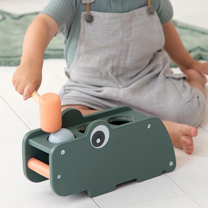Done by Deer Hammer Board Croco Green - Wooden Activity Toy for Hand-Eye Coordination and Sense of Hearing - Green Color with Colorful Elements - Soft, Durable Fabric Flap with Crinkling Sound