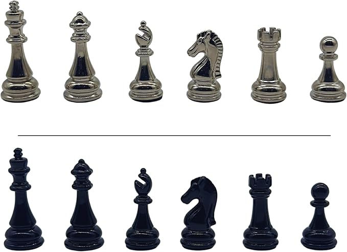 12.6’’ Handmade Walnut Chess Set with Zamak Metal Pieces, Wooden Chess Set with Storage, Birthday Gift for Him, Handmade Chess Gift, for Him (Black-Silver Pieces)