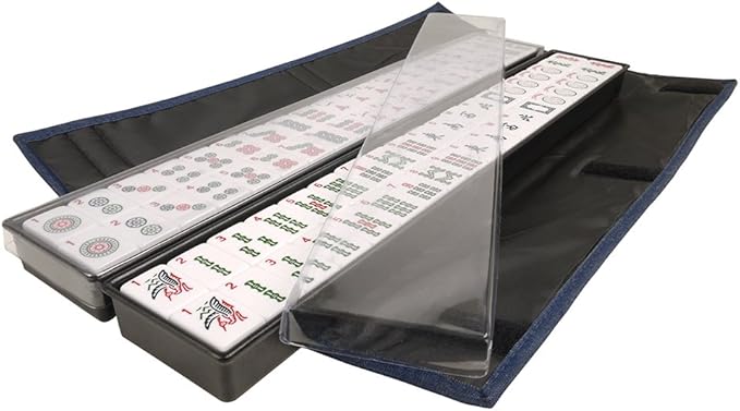 New! - American Mah Jongg Set 166 Premium White Tiles, 4 All-in-One Rack/Pushers, Denim Blue Soft Bag - Stylish Full Size Complete Mahjong Set