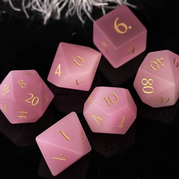 UDIXI Natural Gemstone Dice Set, 7PCS Crystal DND Dice for Dungeons and Dragons, Handmade Stone Dice for Table Games(Pink Cat's Eye)