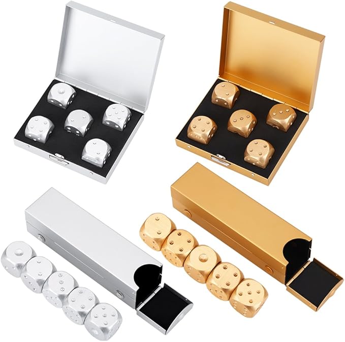 Precision Aluminum Alloy Dice Solid Metal Dice Set Table Game Dice Poker Games Dices Set with Case 5pcs (Gold Square Box) Black and Gold dice