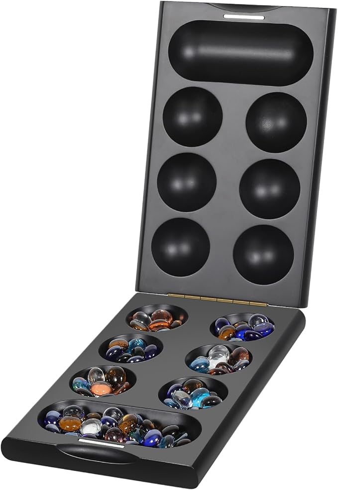 Wooden Mancala Board Game Set with 48 + 24 Bouns Multicolor Glass Stones Portable Folding Board for 2 Players Classic Travel Games for Adults and Kids
