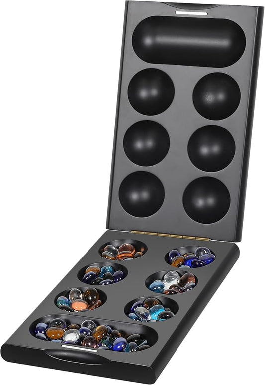 Wooden Mancala Board Game Set with 48 + 24 Bouns Multicolor Glass Stones Portable Folding Board for 2 Players Classic Travel Games for Adults and Kids