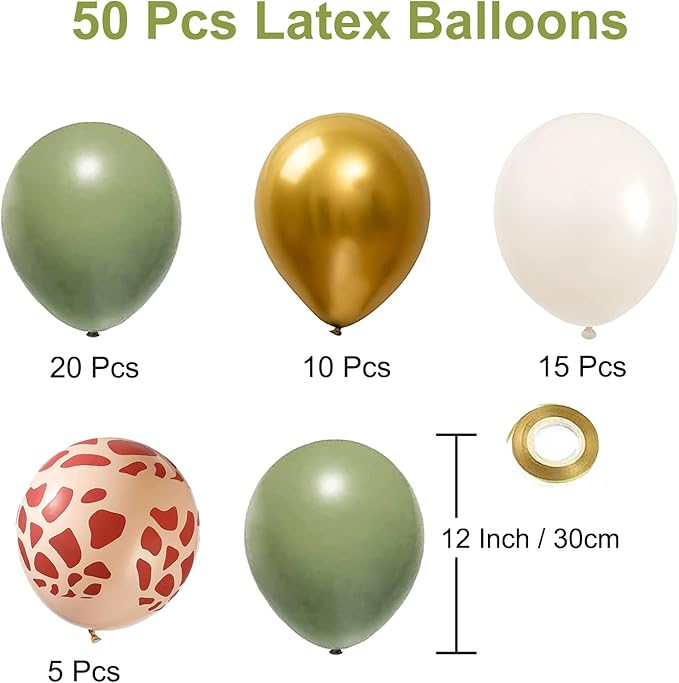 Safari Jungle Balloons Kit, 50pcs Sage Green White Sand Gold Balloons with Animal Print Balloons for Wild One Tropical Party Supplies Olive for Boy First Bithday Baby Shower Jungle Theme Party