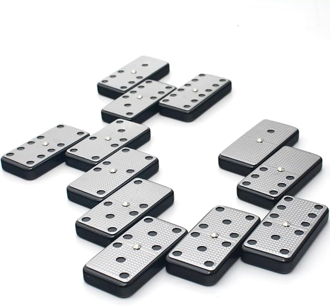 Bucher&Rossini Metal Surface Dominoes Set Double 6 - Claasic Black Domino's Game Set with Silver Metal Surface for Adults and Kids Ideal Gift for Domino Players or Family Game Night