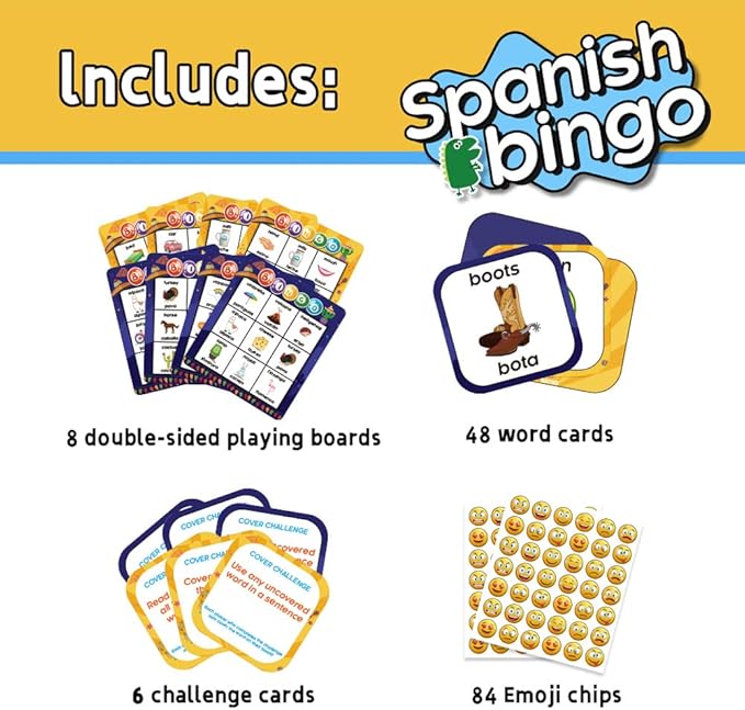 Spanish English Bilingual Bingo with Challenging Cards Vocabulary Language-Learning Educational Reading Games for Kids Ages 5+