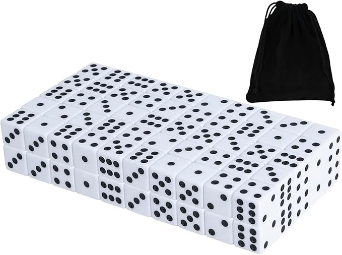 50 Pack 16MM White Dice - Six Sided Standard Opaque White Dice with Black Pips Dots for Board Games