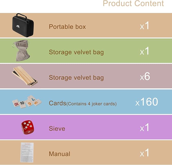 6 Players Rummy Cube Game with 6 Wooden Card Stands, 160 Colorful Rummy Cards, Exquisite Portable Box and Velvet Bag, Suitable for Family Gatherings and Travel Game Sets