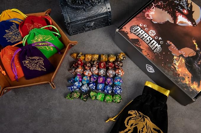 6 Sets DND Dice Polyhedral Dice Dungeons and Dragons Rolling Dice for RPG MTG Table Games Dice Bulk with Free Six Drawstring Bags and PU Leather D&D Dice Tray (Double with Brown Tray)
