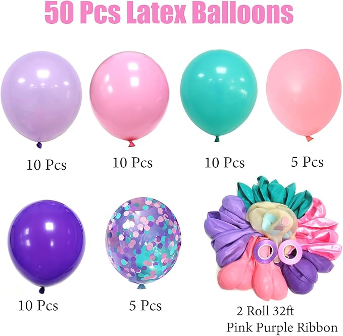 Pink and Purple Party Balloons, 50 Pcs 12 Inches Purple Pink Teal Blue Latex Balloon Purple and Pink Balloons for Girls Birthday Baby Shower, Birthday, Under The Sea Party Decorations