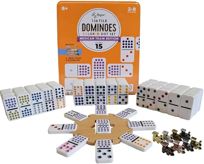 Regal Games Mexican Train Double 15 Dominoes Set for Adults & Kids - Domino Game with 136 Tiles Colored Dots & 8 Metal Trains - 2-8 Player Games & Ideal for Family Fun Game Night and Travel (Ages 8+)
