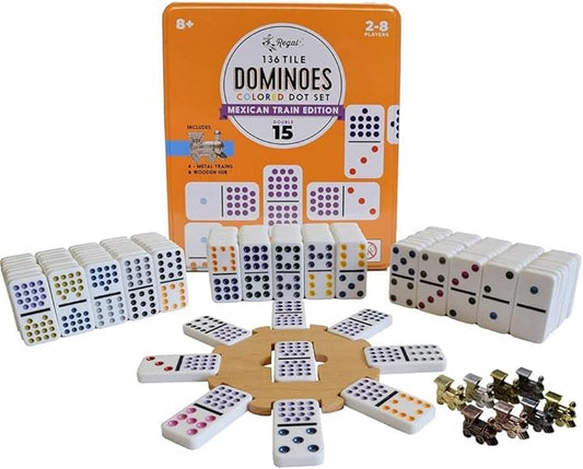 Regal Games Mexican Train Double 15 Dominoes Set for Adults & Kids - Domino Game with 136 Tiles Colored Dots & 8 Metal Trains - 2-8 Player Games & Ideal for Family Fun Game Night and Travel (Ages 8+)