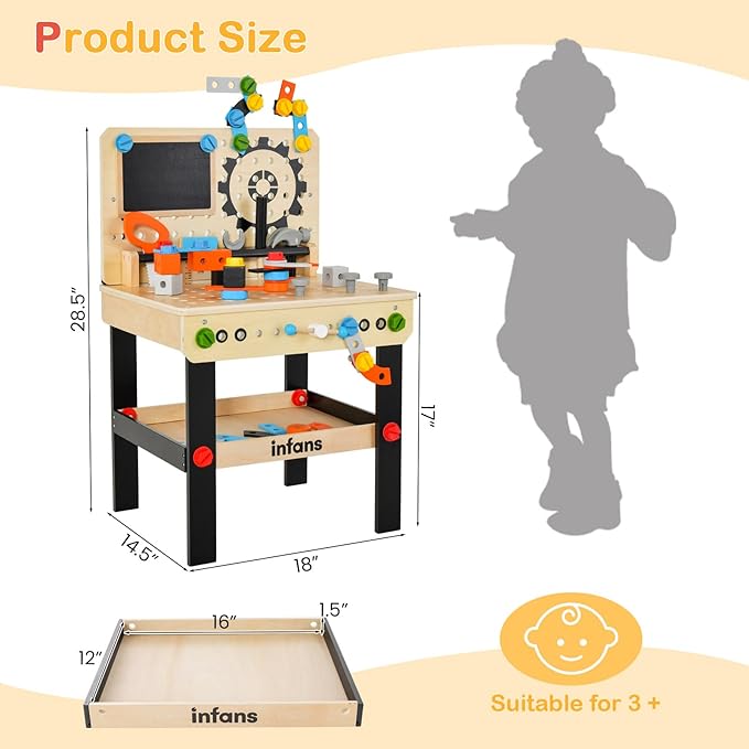INFANS Tool Bench Set for Toddlers, Kids Wooden Workbench with Blackboard Construction Building Tools and 75 Accessories, Creative Realistic Pretend Play Workshop Gift for Boys Girls
