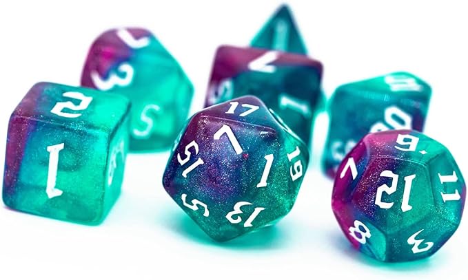7-Die DND Dice Set Polyhedral Dice Set with a Leather Bag, D&D Dice Set for Dungeons and Dragons, RPG, MTG Table Games (Rose Blue w/Glitter)