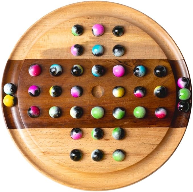 Premium 10-Inch Wooden Solitaire Board – 36 Colorful Marbles on Mixed Wood – Strategy Game for Adults & Family – Classic Solo Board Game