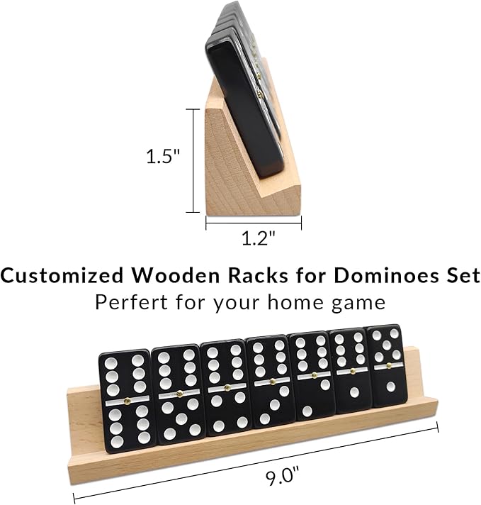 Dominoes Set for Adults with 4 Wooden Racks/Trays, Double Six Dominoes Travel Set with Portable Case Double 6 Dominoes Set with 4 Tiles Holders, 28 Tiles Dominos Set for Family Board Games - Black