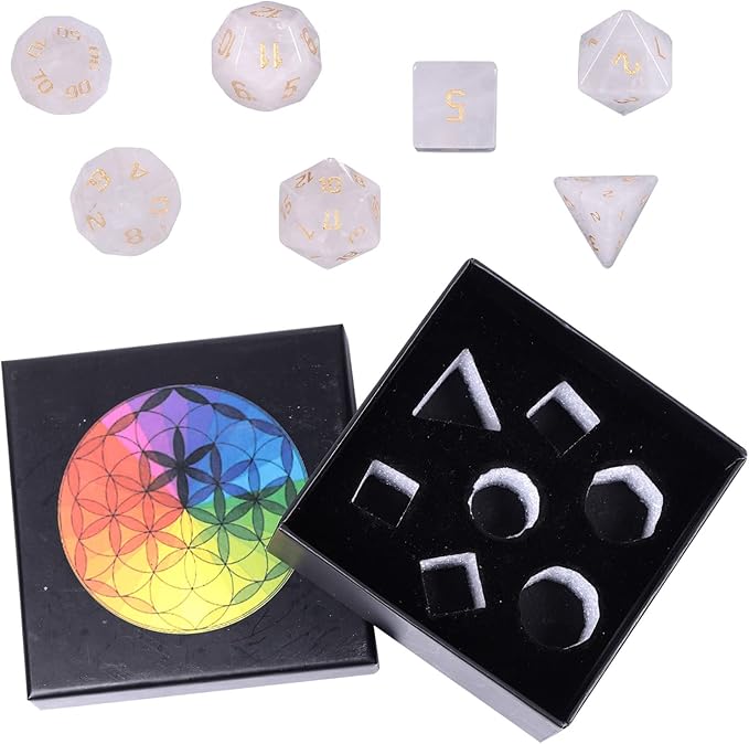 Nupuyai Healing Rock Quartz Crystal D&D Polyhedral Dice Set with Box for Dungeons and Dragons, Set of 7 Table Top Game Dice for RPG MTG Roleplaying Collection