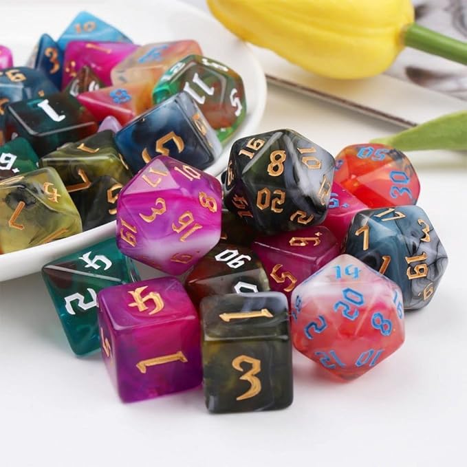 7pcs/Set D4 D6 D8 D10 D12 D20 Dichromatic Polyhedral Dices for Beginner Role Playing Game D&D Dice Set Party Table Board Game Supplies，with A Silver Pouch(Multicoloured)