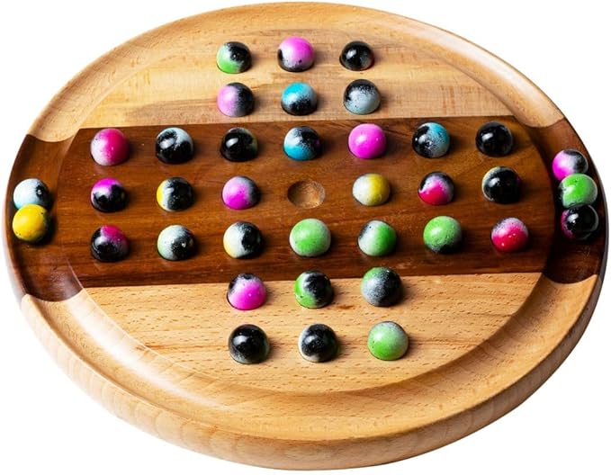Premium 10-Inch Wooden Solitaire Board – 36 Colorful Marbles on Mixed Wood – Strategy Game for Adults & Family – Classic Solo Board Game