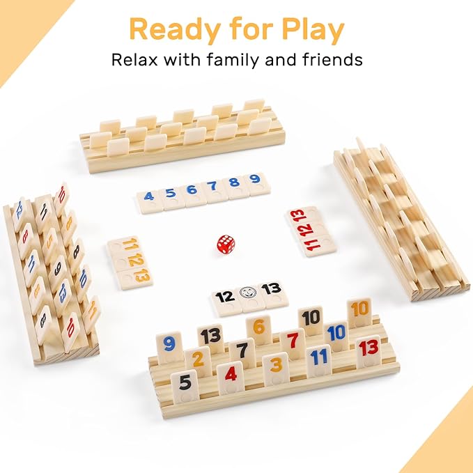 Rummy Cube Game Set with 4 Wooden Racks/Trays, 106 Large Numbers Rummy Tiles Set with Zippered Case, Rummy Travel Game Set with 4 Tiles Holders - Classic Board Games for Family Adults Kids