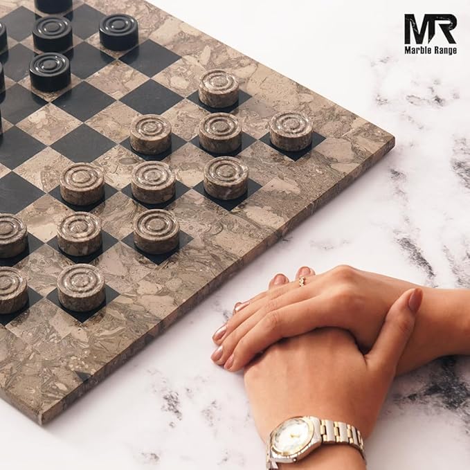 Marble Checkers Board Game 15 Inches Oceanic and Black Handmade 2 Player Tournament Checker Set, Board Games Sets - Draughts Checker