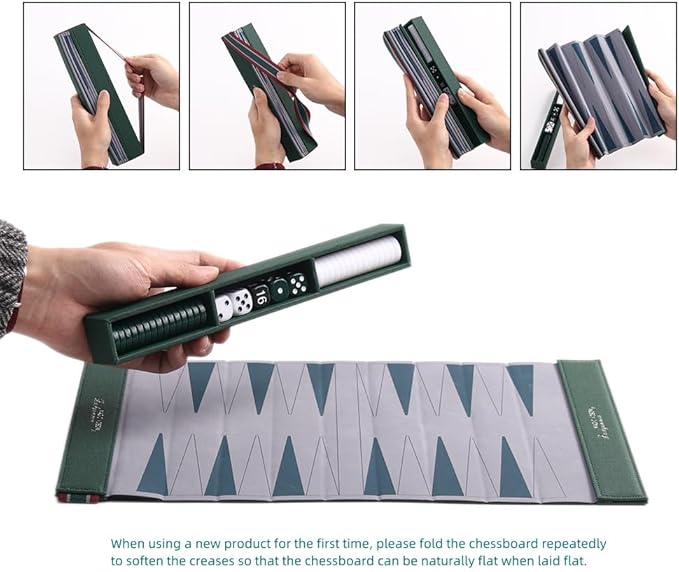 Backgammon Set for Adults, Travel Backgammon Set, Wrinkle-Resistant Foldable Chess and Checkers, Fun Outdoor Games for Family and Friends, Ideal Travel Game Set (Grass Green)
