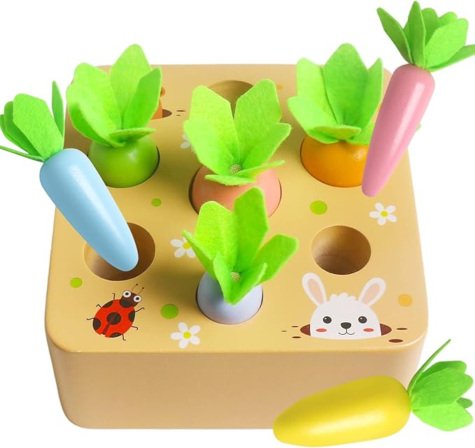 Skrtuan Wooden Toys for 1 2 3 Year Old Toddlers Baby Boys and Girls, Montessori Toy Carrot Harvest Game Shape & Sorting Matching Puzzle, Educational Developmental Birthday Gifts for Babies 6-12 Months
