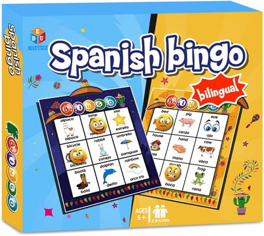 Spanish English Bilingual Bingo with Challenging Cards Vocabulary Language-Learning Educational Reading Games for Kids Ages 5+
