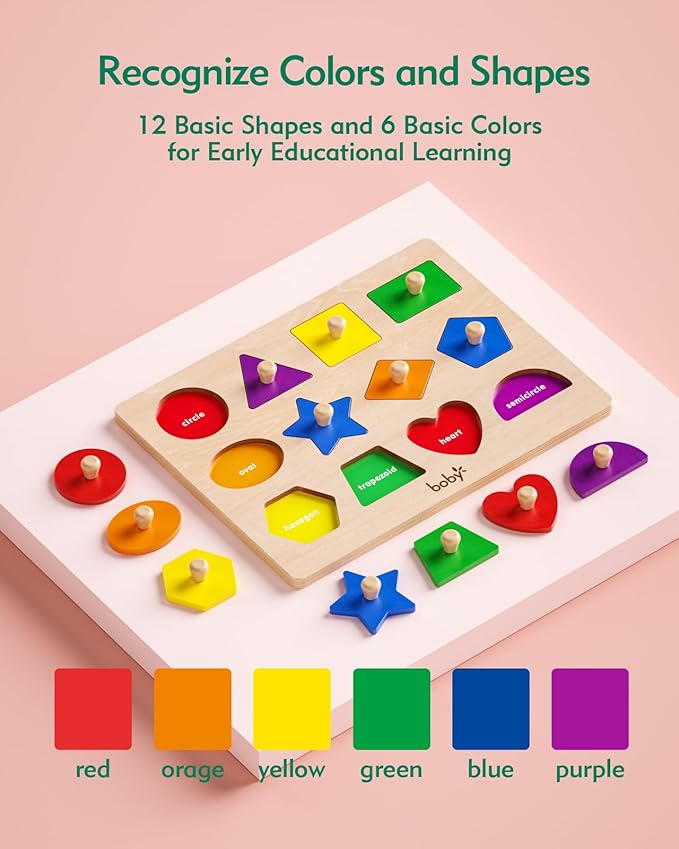 Shape Color Puzzle for Toddlers 1-3, Montessori Learning Toys for 1 + Year Old Girl, Jumbo Knob Wooden Pegged Chunky Shapes Puzzles for Kids Ages 3, Baby Educational Toys 12-18-24 Months Boys