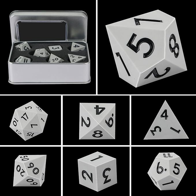 DND Dice Set Sharp Edge Dice Set 7 Piece DND polyhedral Dice Numbers with Gold Leaf Exquisite Tin Box Packaging,Ideal for Dungeons & Dragons RPG and Board Games (Gray Black)