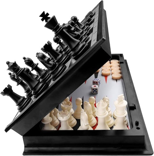 KAILE 3 in 1 Magnetic Chess Checkers Backgammon Set for Portabel Travel Chess Game with Folding Case 13"