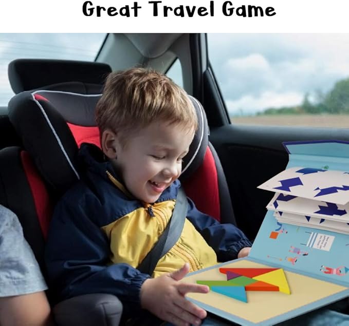 BEESTECH Wooden Tangram Puzzle Book, Travel Games for Kids in Car, Plane or Take Out for Restaurant, Educational Learning Puzzles Toys, On The Go Toys for Kids, Boys, Girls 3,4,5,6,7,8 Years Old