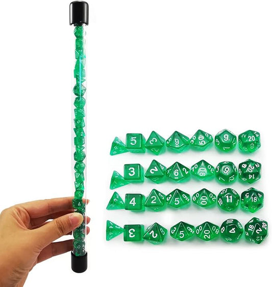 Bescon 28pcs Translucent Green Mini Polyhedral Dice Set in Tube, Dungeons and Dragons RPG Dice 4X7pcs,Mini Gem Green Dice Set