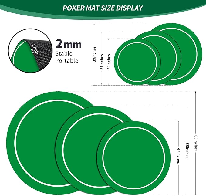 nuveti 24/31/47/55/63inch Round Poker Mat for Texas Holdem | Portable Poker Table Top with Art Deco Layout Print 6-8 Player Game Layout Mat to Play Cards, Poker Games, Blackjack, Casino