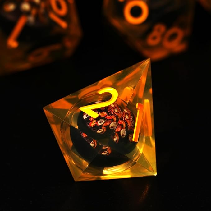 Cthulhu Beholder Polyhedral Resin Dice Set for Dungeons and Dragons Sharp Edge 7 PCS for D&D RPG Starter and Role-Playing Games, with Gift Box (Yellowish-Orange)