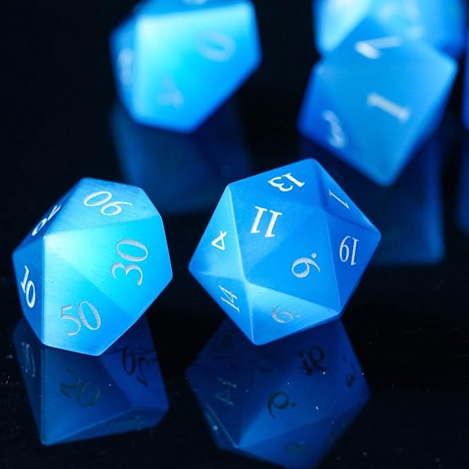UDIXI Gemstone DND Dice Set 7PCS Stone D&D Polyhedral Dice for Dungeons and Dragons Table Games (Blue Cat's Eye)