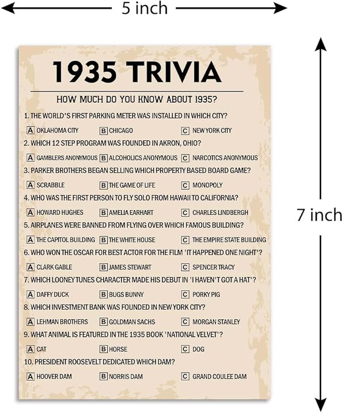 QUPT 90th Birthday Party Games, 1935 Trivia Games, Birthday Party Supplies for Adults, Fun 1935s Party Game，Pack of 30 Cards
