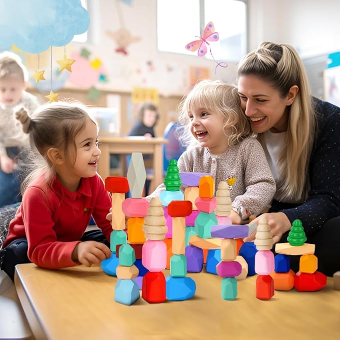 40 Pcs Wooden Stacking Rocks & Sensory Learning Toys for Ages 3-9 | Develops Motor Skills & Creativity for Girl or Boy - Stacking Blocks for Birthday Gift