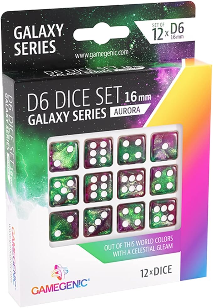 Asmodee Galaxy Series Aurora D6 Dice Set | Set of 12 Six-Sided Dice | Premium Quality Resin Dice for Dice Games, Board Games and Card Games | Cosmic Glittering Design | Green and Purple | Gamegenic