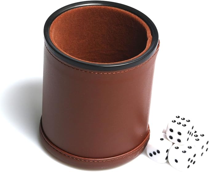 Leather Dice Cup Set Felt Lining Quiet Shaker with 5 Dot Dices for Farkle Yahtzee Games,Brown