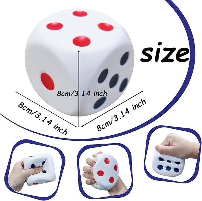 2 Pack 3.1 inch Foam Dice Stress Balls,Squishies Dice Squeeze Stress Ball Toy with Dots 6 Sides for Kids,Teenagers,Adults Board Games, to Get Your Luck Numbers,Relieve Stress Anxiety