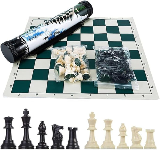 Tournament Chess Set: Portable and Professional Set with Travel Portable Plastic Tube Roll. Plastic Staunton Chess Pieces, Foldable Vinyl Chess Board.(Green, 13X13IN)