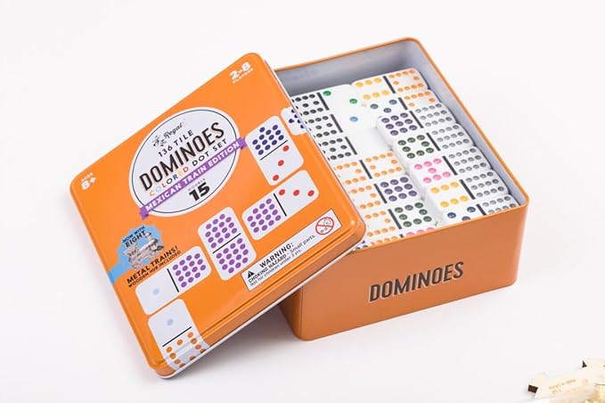 Regal Games Mexican Train Double 15 Dominoes Set for Adults & Kids - Domino Game with 136 Tiles Colored Dots & 8 Metal Trains - 2-8 Player Games & Ideal for Family Fun Game Night and Travel (Ages 8+)