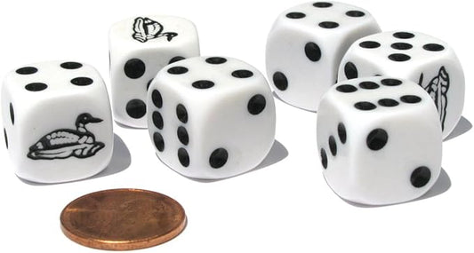 Set of 6 Loon 16mm D6 Round Edged Koplow Animal Dice - White with Black Pips