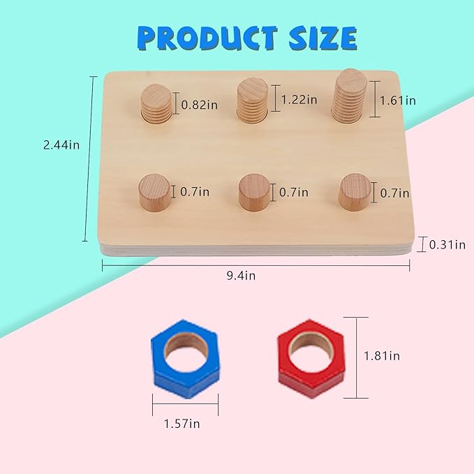 Wooden Toys for Toddlers 1 2 3 Years Old Jumbo 3 Color Wooden Nuts and 6 Bolts On Board,Wooden Puzzle Stacking Toys for Occupational Therapy Toys Fine Motor Skills for 18 Months Boys Girls Baby Gift