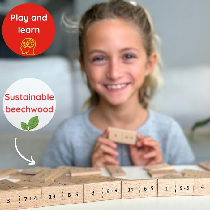 Math Domino Game for 1st & 2nd Grade | Wooden Algebra Dominoes Plus/Minus | Educational Learning Toy for Kids 6+ | Classroom, Homeschool & Teaching Supplies